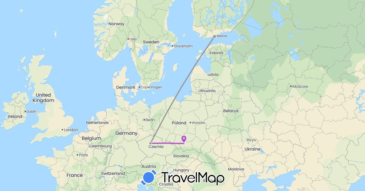 TravelMap itinerary: plane, train in Czech Republic, Finland, Poland (Europe)